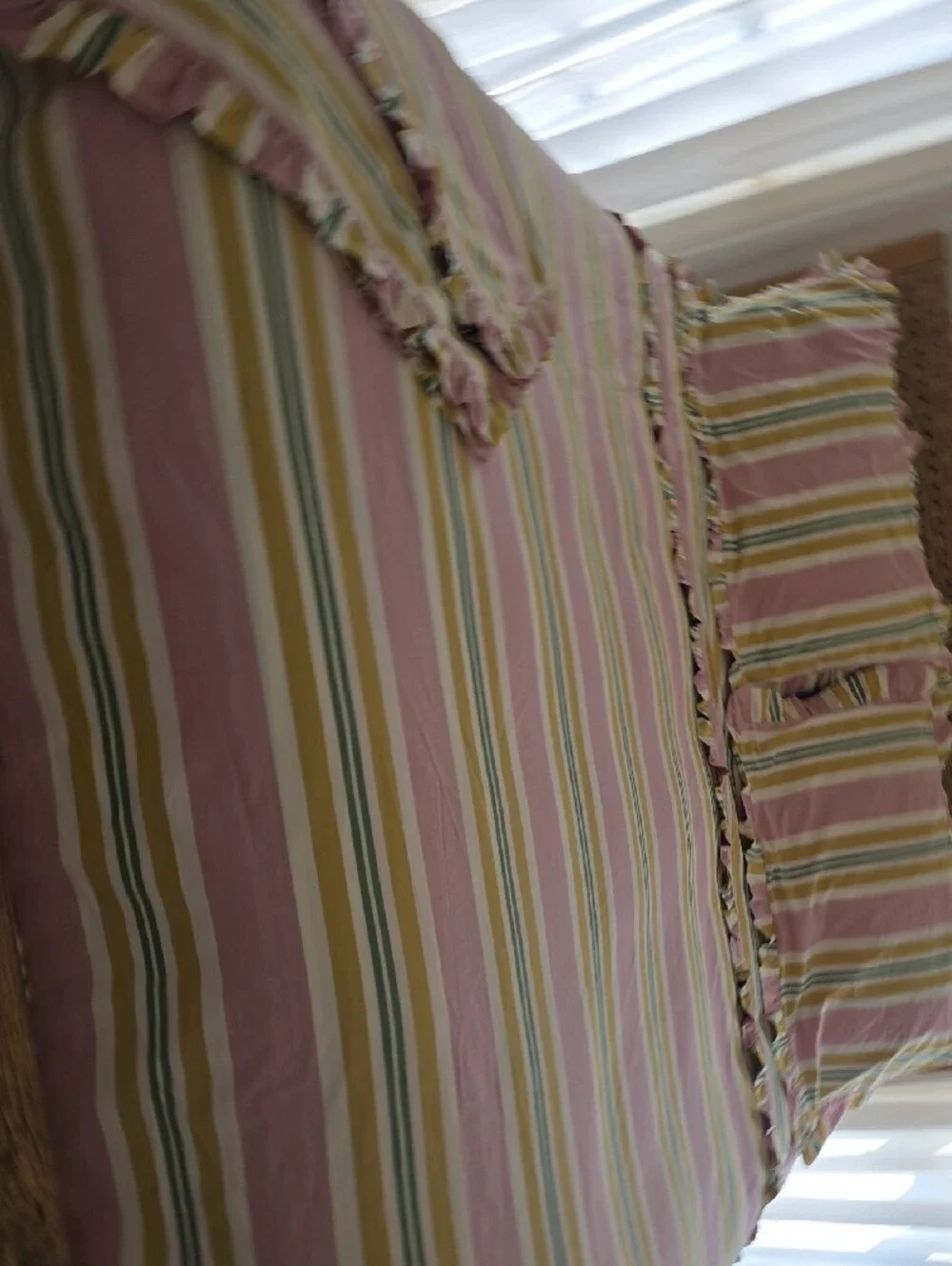Anthropologie King stripe Ruffle Duvet Cover & Shams in Pink, Green & Mustard